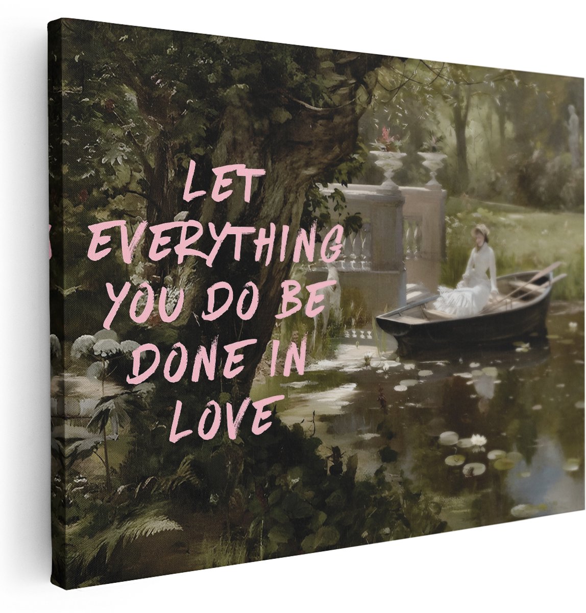 Artaza Canvas Schilderij Vrouw In Boot - 160x120 cm - Groot - Wanddecoratie Romantisch - Muurdecoratie Natuur - Decoratie Vijver Met Tekst