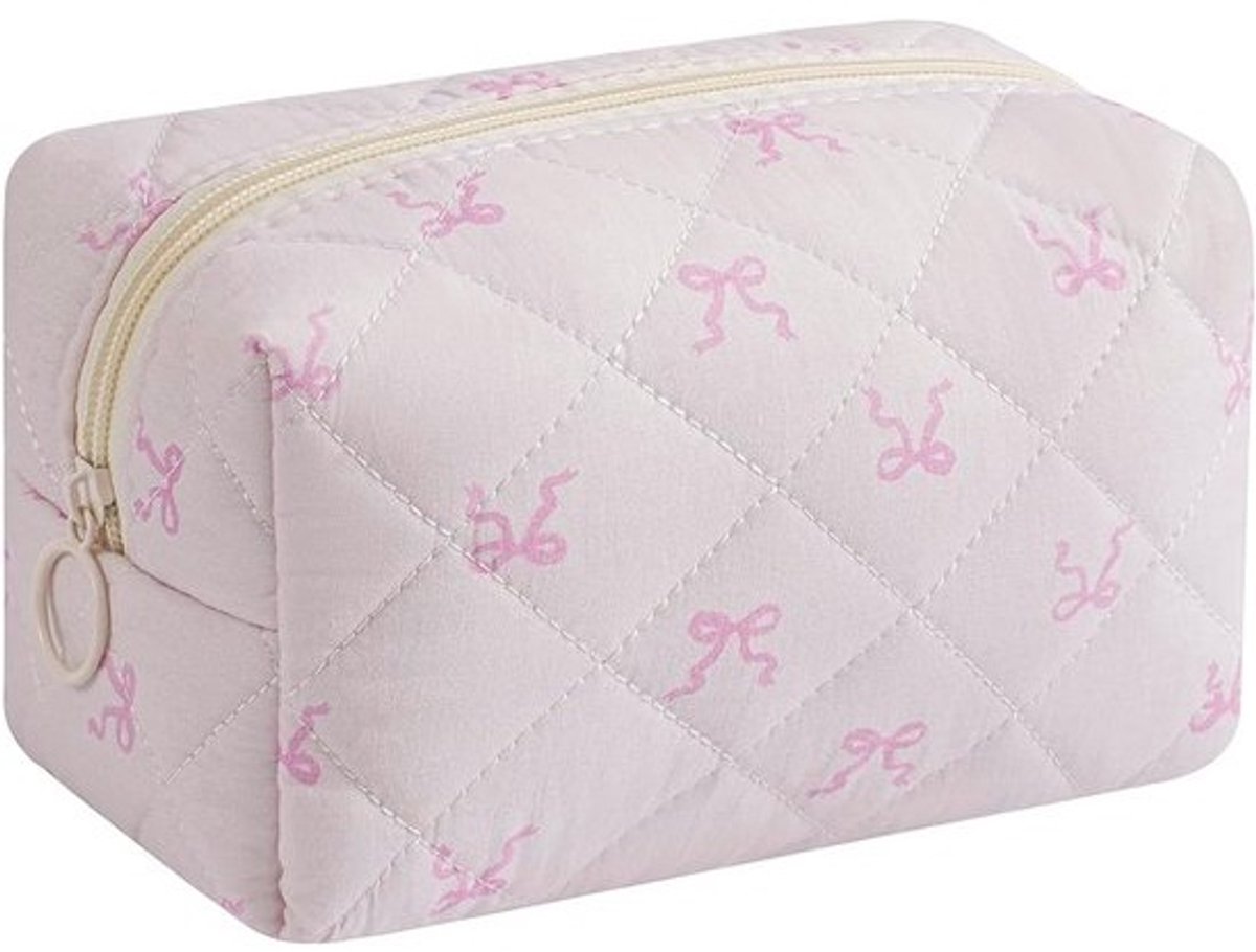 Kawaii Gewatteerde Katoenen Make-uptas met Bloemen en Schattige Strik voor Dames