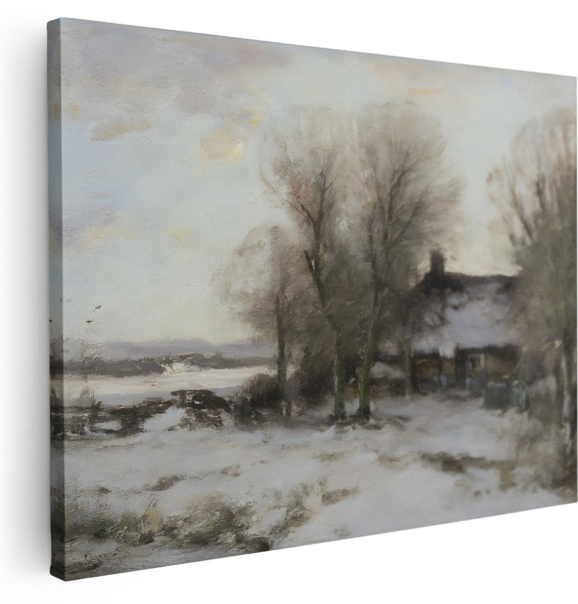Artaza Canvas Schilderij Landschap - 160x120 cm - Groot - Wanddecoratie Winter - Muurdecoratie Besneeuwd Huisje - Kamer Accessoires Natuur