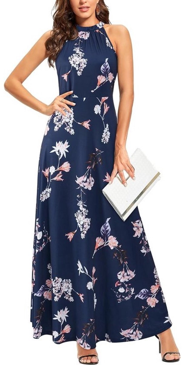 Lange Zomer Maxi Jurk Dames - Sexy Bloemenprint Halterhals voor Feest of Bruiloftsgast