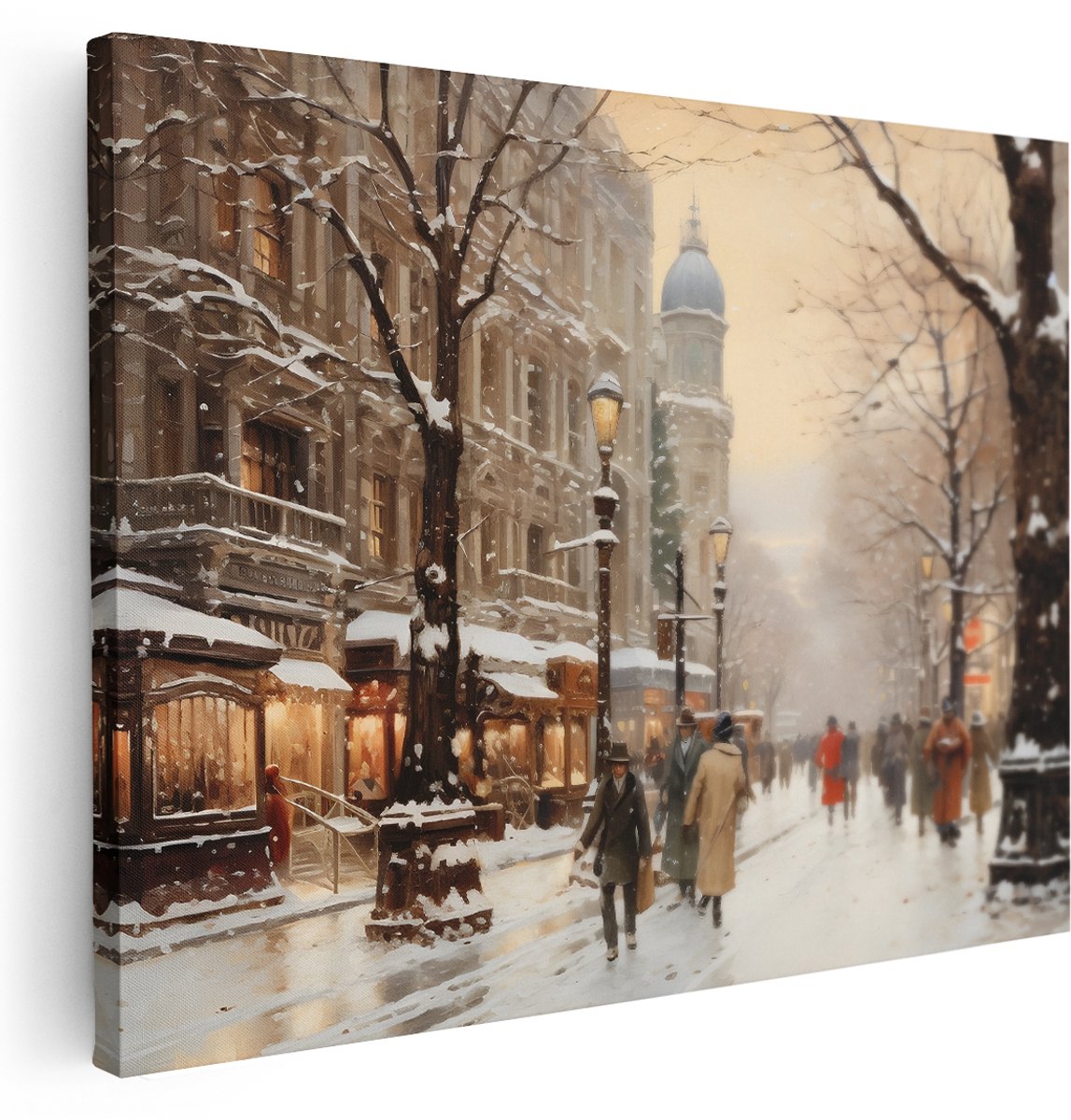 Artaza Canvas Schilderij Winter Stad - 160x120 cm - Groot - Wanddecoratie Vintage Straatscène - Muurdecoratie Sneeuw - Schilderijen Op Canvas