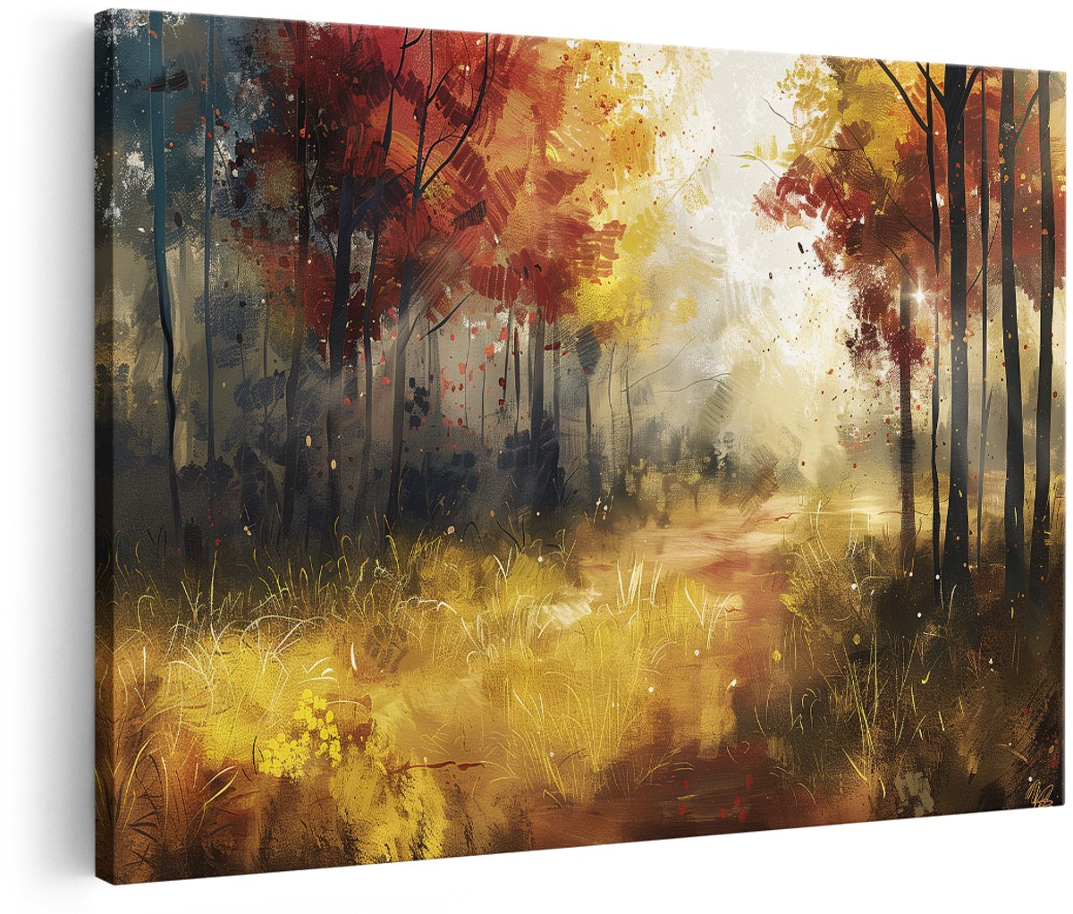 Artaza Canvas Schilderij Herfstbos - 150x100 cm - Groot - Wanddecoratie Natuur - Muurdecoratie Landschap - Schilderijen Bos Met Zonlicht
