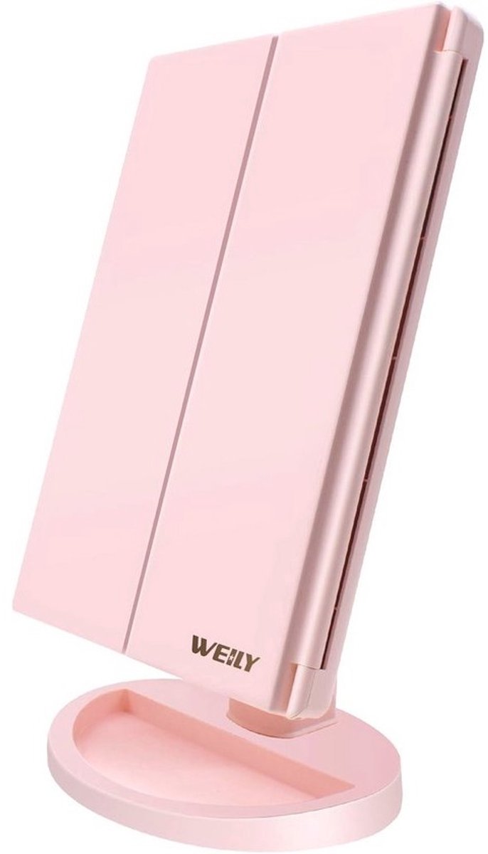 Verlichte Make-upspiegel met 21 LED Lampen en Touchscreen - Roze Drievoudig Gevouwen Spiegel voor Werkblad