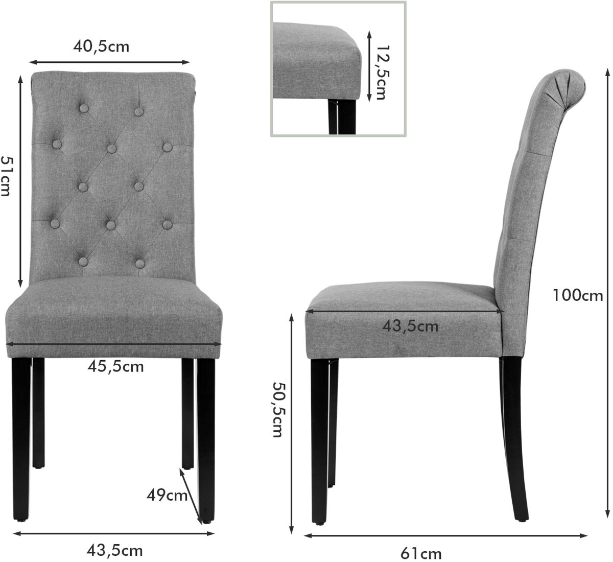 SureDeal® - Eettafel - 2-delige Knoopgestoffeerde Eetkamerstoelen - Rubberhout Poten Grijs - 62x47x98 cm - Grijs