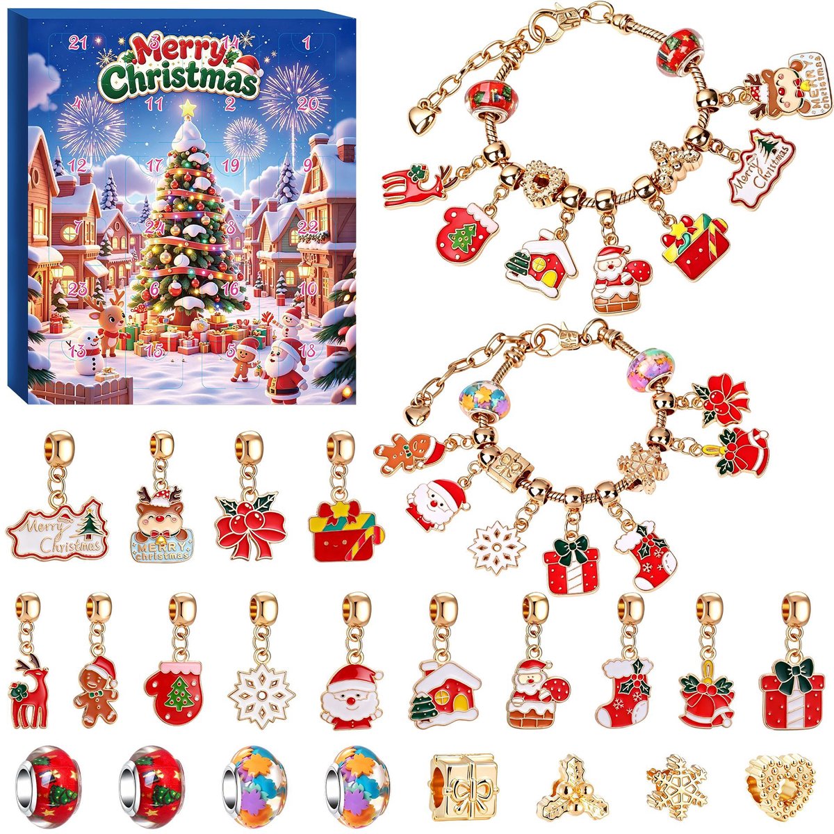Cadeauverpakking met 24-daagse kerstcountdown - 20×17×2 cm - Meisjesarmband - Kerstversiering, tashanger, geschikt voor de kerstsfeer - Kerstcadeau