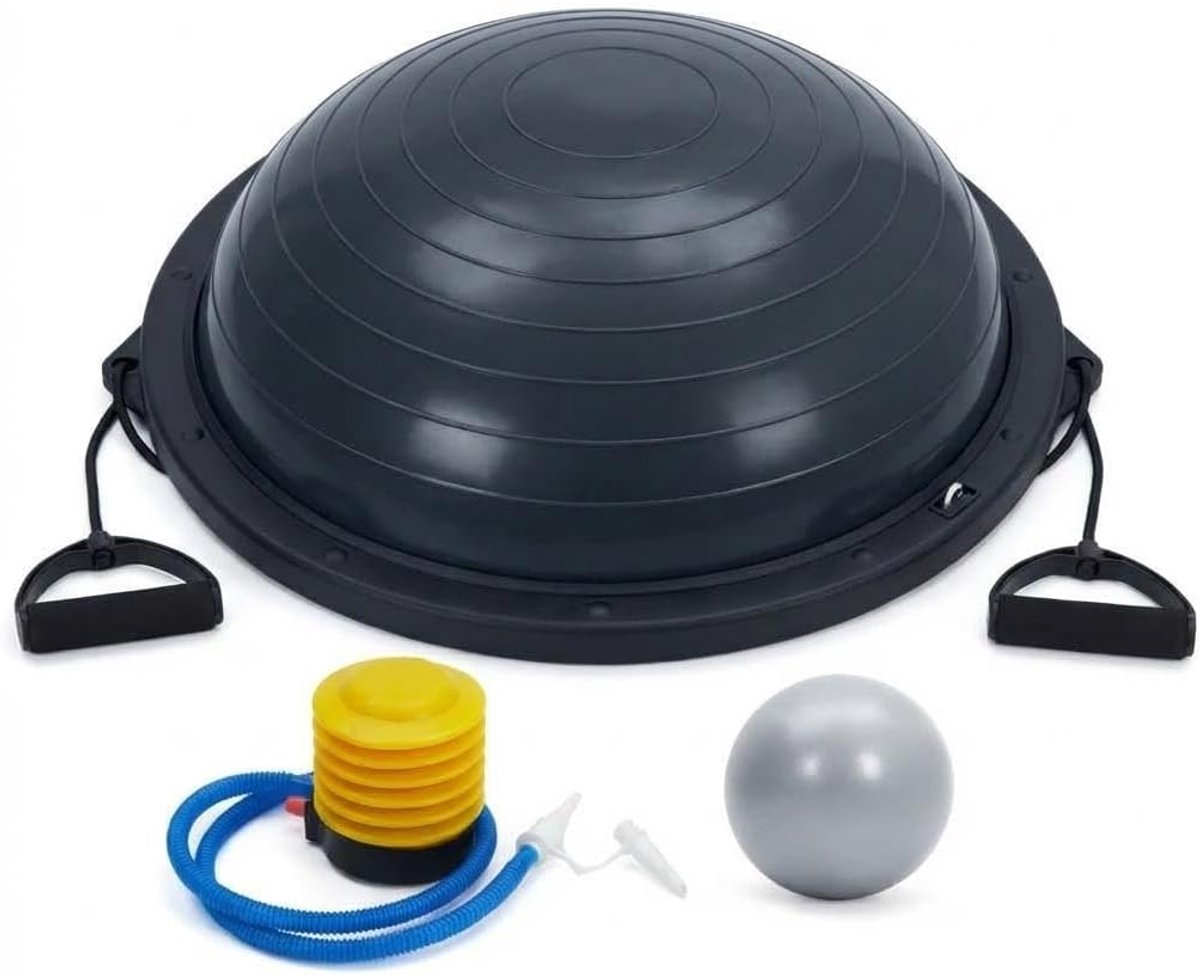 Balansbord met Halve Oefenbal voor Yoga en Fitness, Anti-slip Trainingsapparaat met Stevige Basis, Inclusief Weerstandsbanden en Pomp, 23 Inch, Zwart