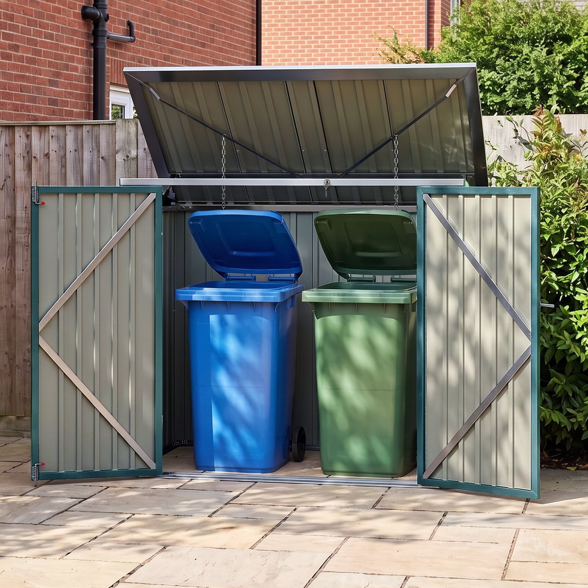 Bealife CC63 Afvalcontainerbehuizing - Voor 2 containers - Metalen Afvalcontainer Ombouw met Opklapbaar Deksel en Dubbele Deuren - Groente