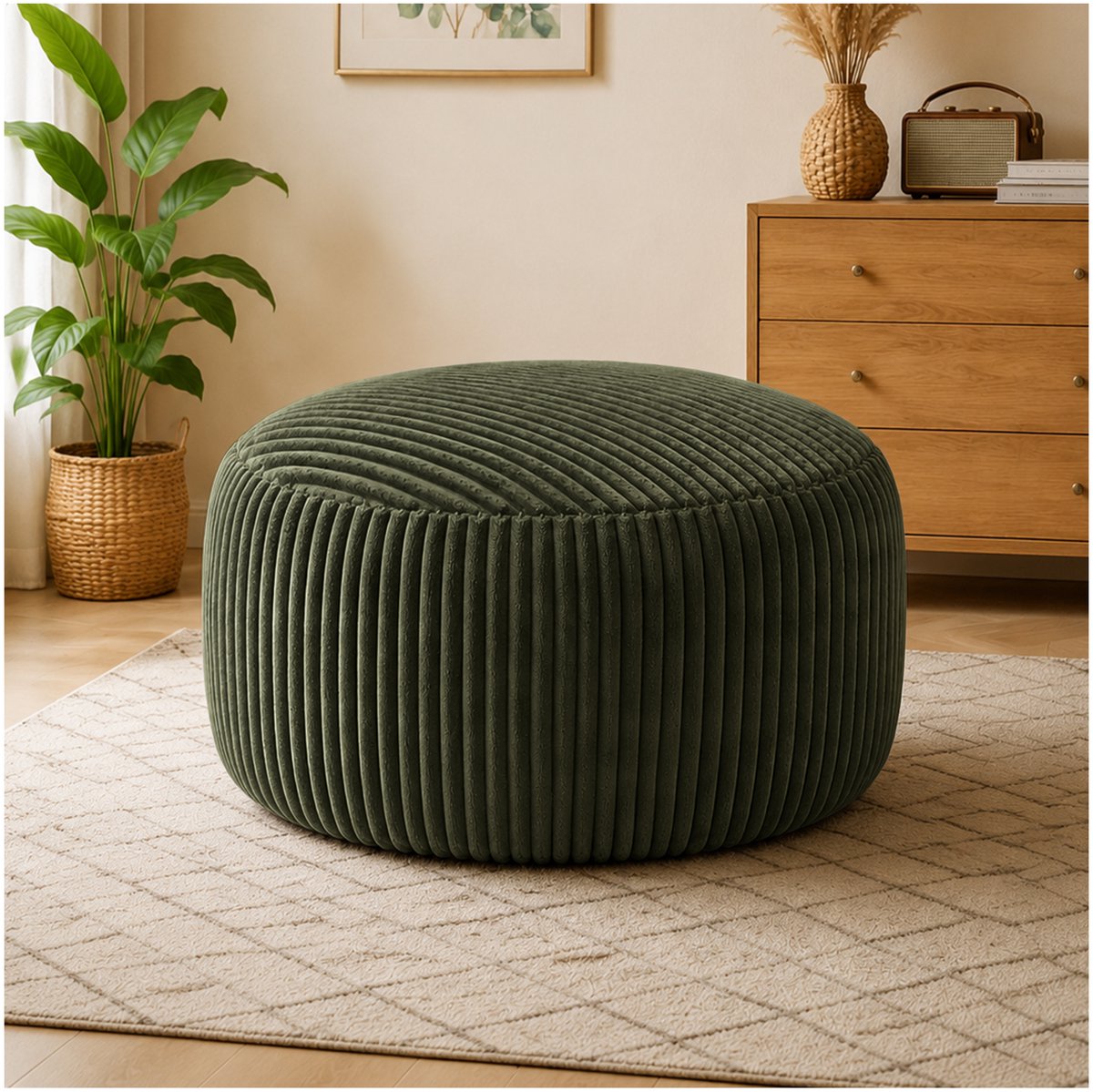COVREO Zitzak 100x100x50 cm groen ribstof - traagschuimvulling - rond model voor binnen