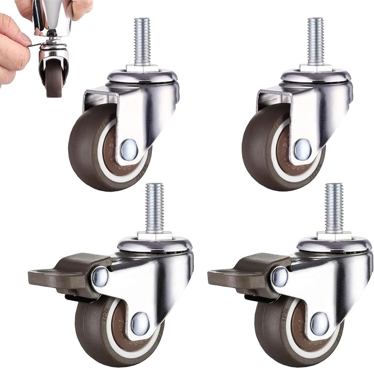 Set van 4 draaibare meubelwielen 25 mm met M6 x 15 mm schroefdraad, stil en rubberen wielen met 2 remmen voor meubels en kasten
