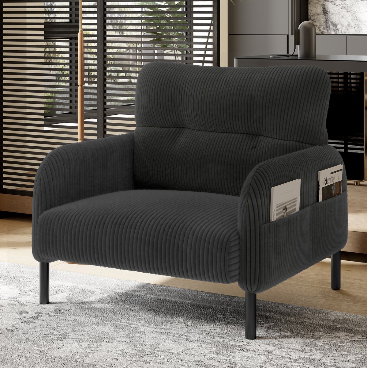 Wishdor Fauteuil - Comfortabele zitdiepte - Armleuningen met zijvakken - Moderne designstijl - Woonkamer slaapkamer kantoor - Cordstof - Grijs - 67 x 75 x 79 cm
