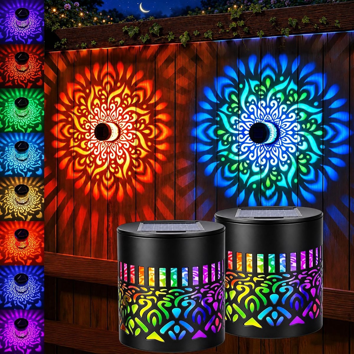 VONKELIOS®Solar Mandala Wandlamp | Projectorlamp met 7 kleuren, waterdicht metalen materiaal | Geschikt voor tuinen, schuttingen, terrassen en buitendecoratie — Set van 2