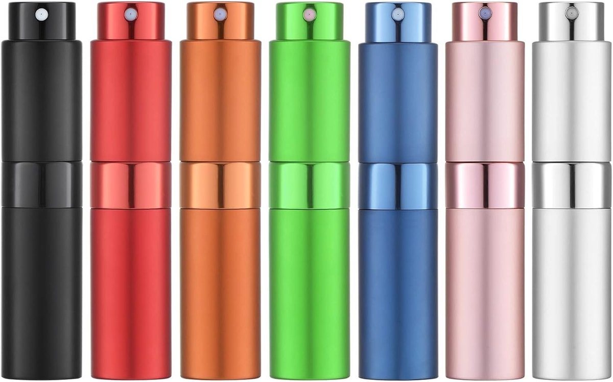 Herbruikbare parfumverstuiver set van 10 ml in 7 kleuren, aluminium flacons voor reizen, mini sprayflessen voor handtas en make-up tas met bijpassend etui, trechter en pipet