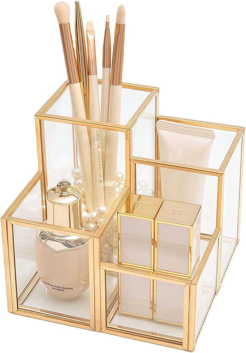 Make-up Borstelhouder en Cosmetica Organizer met 4 Compartimenten voor een Netter Make-up Tafeltje in Goud