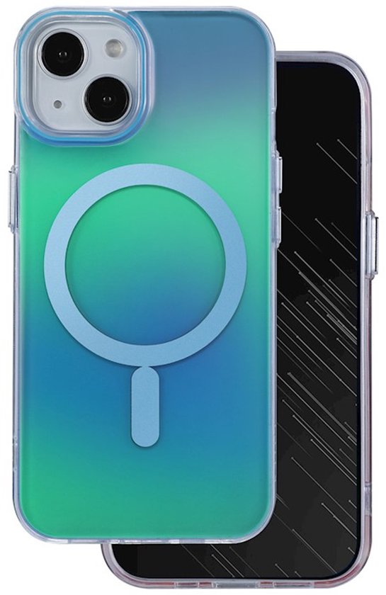 Transparante telefoonhoes met blauwgroene gradiënt en magnetische ring.
