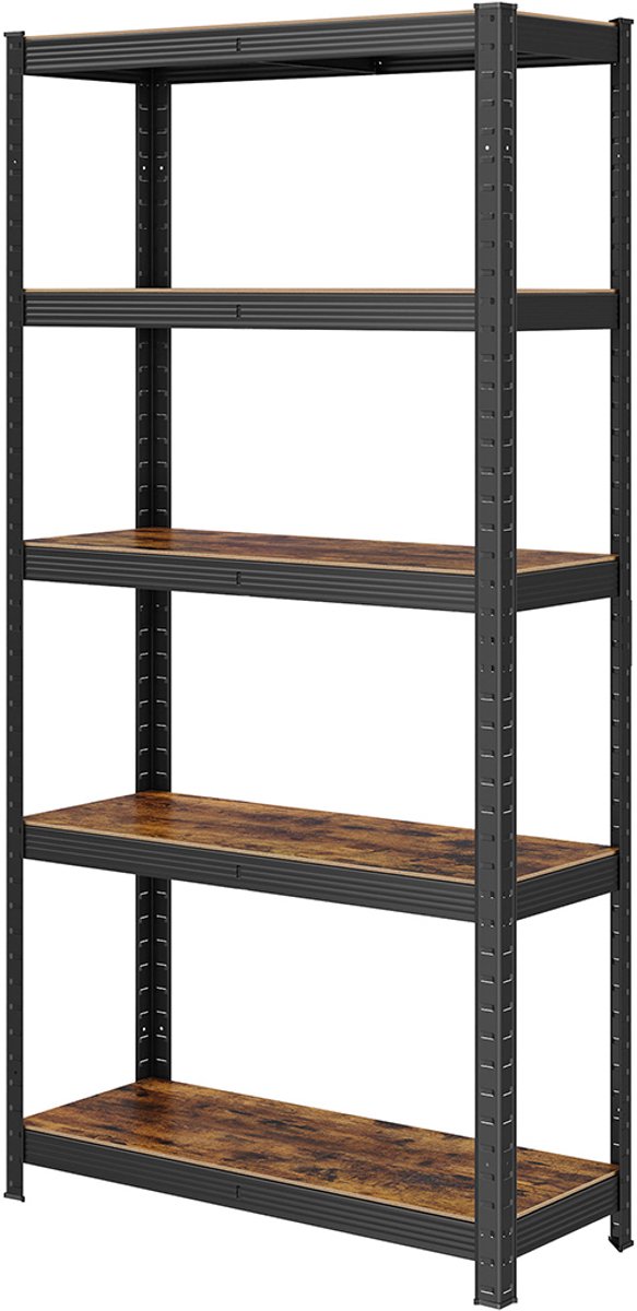 5-laags opbergrek 30 x 75 x 150 cm bruin Stevige metalen frameconstructie Max. draagvermogen per plank 130 kg Met verstelbare legplanken Kan worden opgesplitst in 2 afzonderlijke units Montage zonder gereedschap Geschikt voor garage en berging