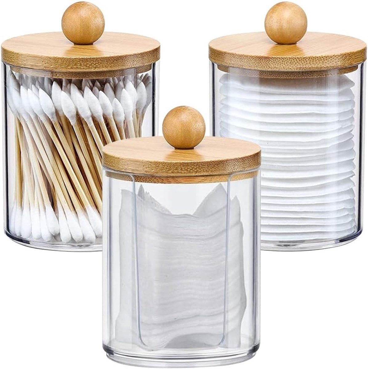 Acryl Houder voor Wattenstaafjes en Wattenpadjes met Bamboe Deksel - 3 Stuks voor Badkamer en Make-up Tafel