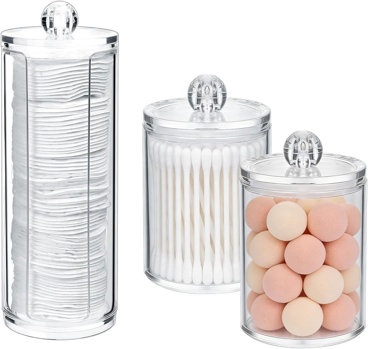 Duidelijke 3-delige Opbergset voor Wattenpads en Q-tips met Deksel, Acryl Organizer voor Badkamer, Slaapkamer en Make-up Tafel, Cosmetica Opbergruimte