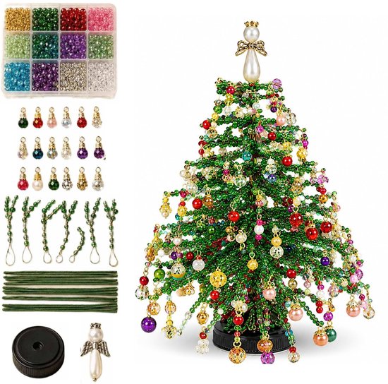 Kraaltjes kerstboom set inclusief kralen, ornamenten, assemblagemateriaal, topper en basis.