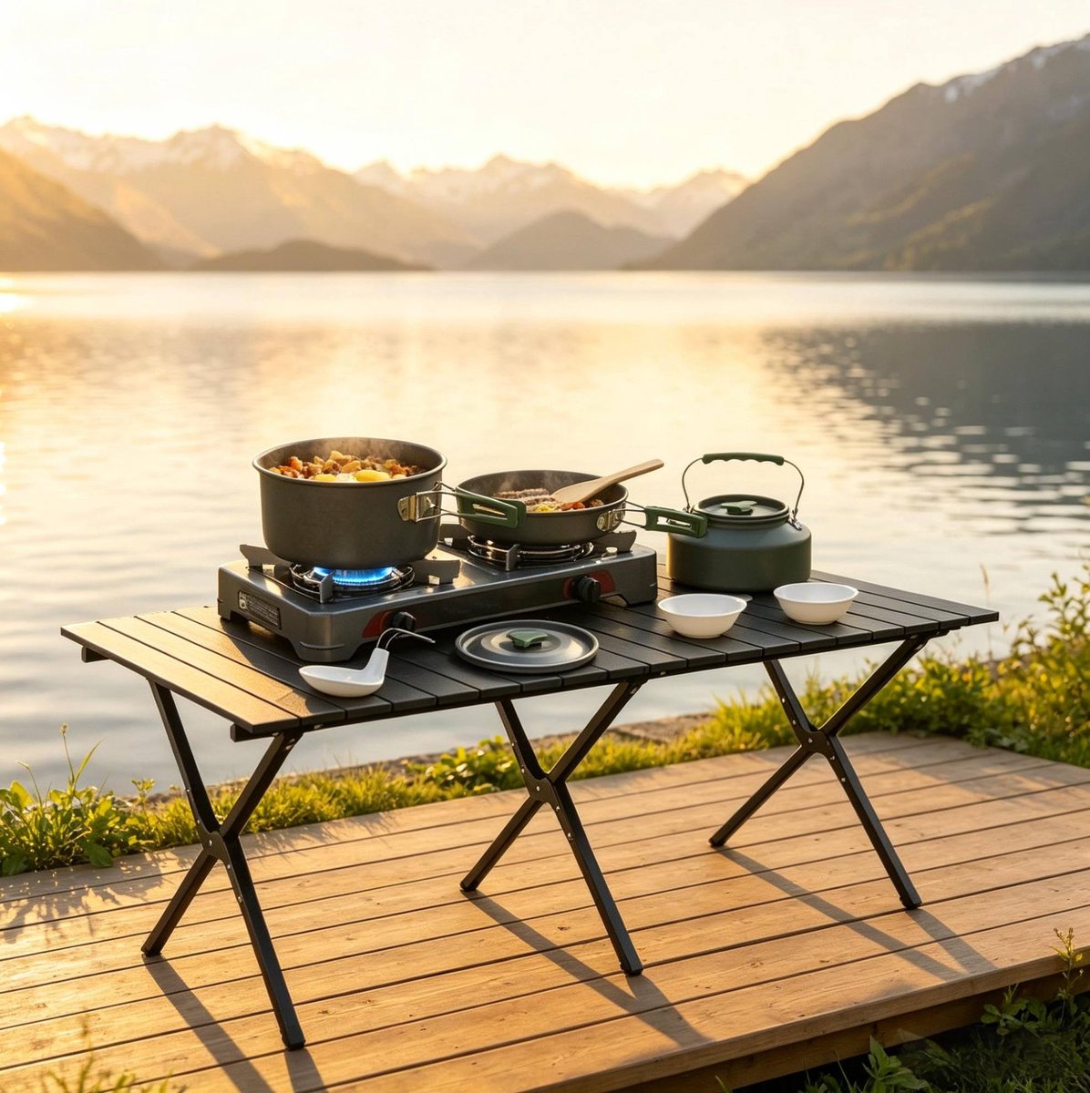 Campingkookset 11-Delig – Compact En Licht – Aluminium – Grijs En Groen – Voor 2 Tot 3 Personen – Met Opbergtas En Anti-Hittegrepen
