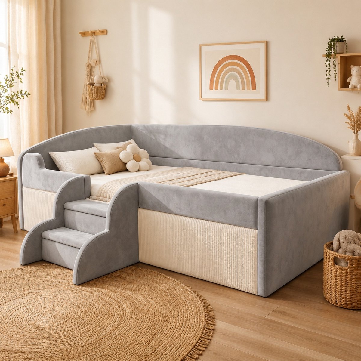 STILVORA Kinderbed 90x190 cm - Kinderbed met Trap en Veiligheidsranden - Zachte Velours Bekleding - Eenpersoons - Grijs - Zonder Matras