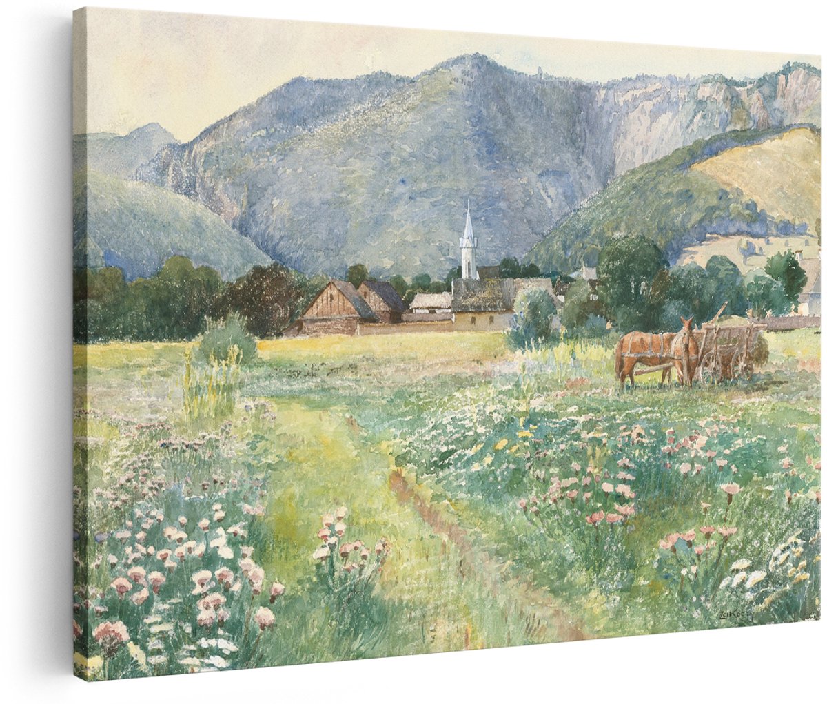 Artaza Canvas Schilderij Berglandschap - 180x120 cm - Groot - Wanddecoratie Natuur - Muurdecoratie Dorpje met Paarden - Schilderijen Op Canvas