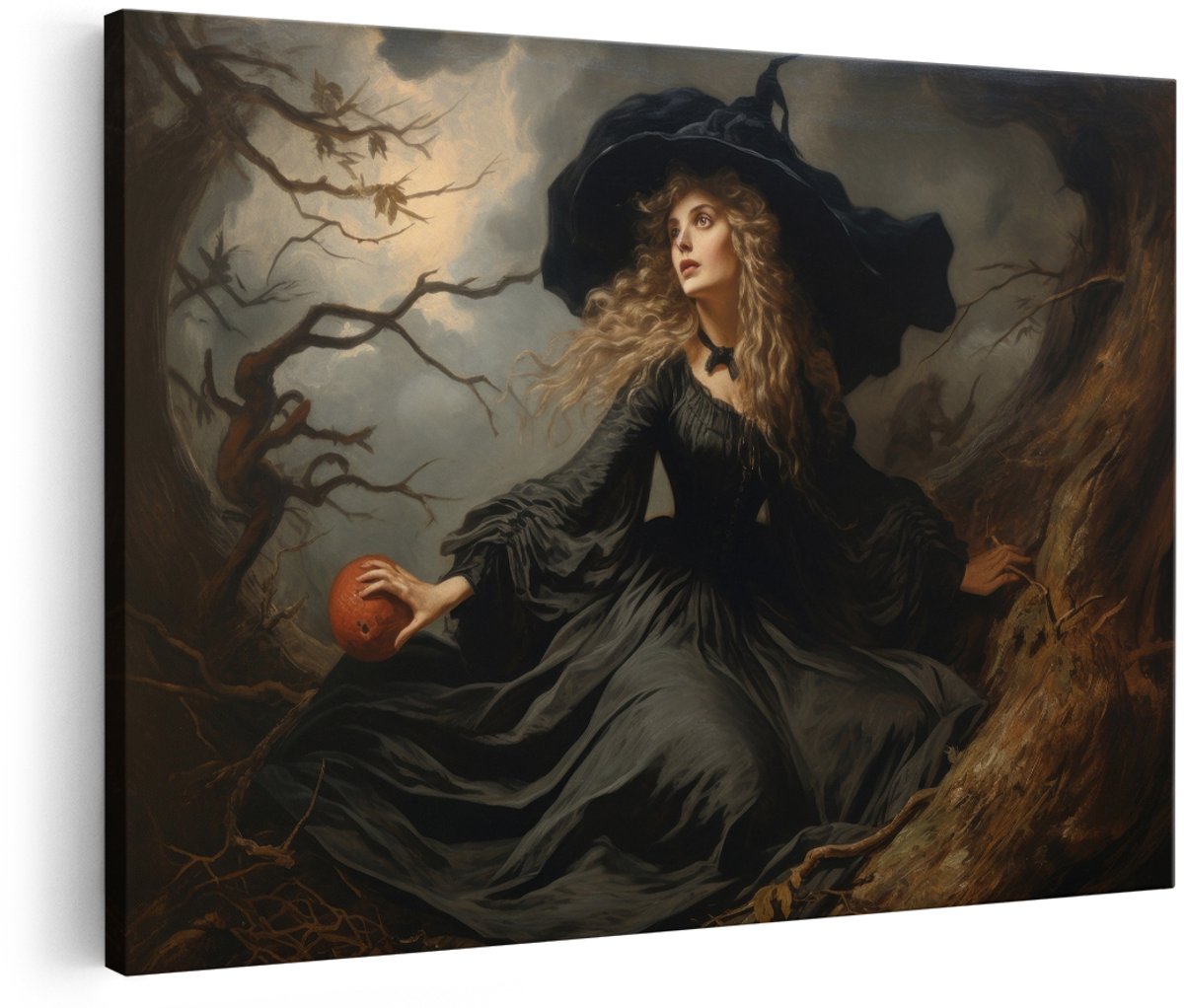Artaza Canvas Schilderij Heks - 180x120 cm - Groot - Wanddecoratie Gothic Portret - Muurdecoratie Donker Bos - Decoratie Vrouw Schilderij