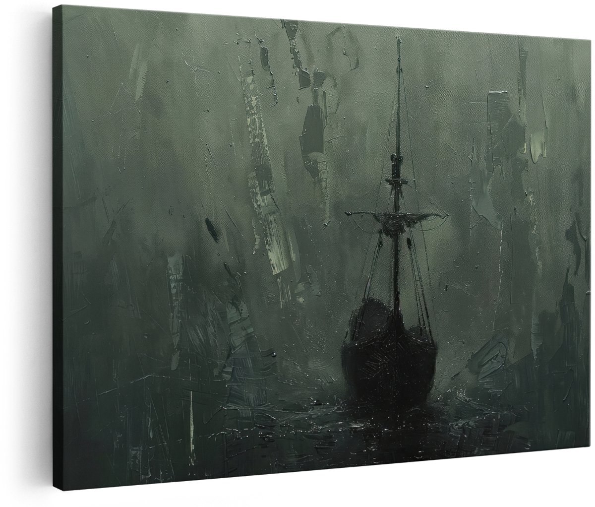 Artaza Canvas Schilderij Zeilschip - 180x120 cm - Groot - Wanddecoratie Zee - Muurdecoratie Mistig Landschap - Decoratie Donker Schilderij Boot