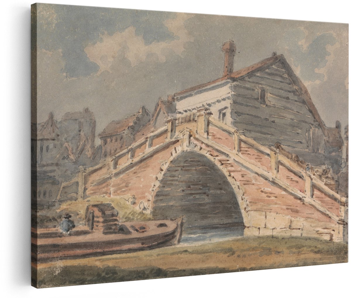 Artaza Canvas Schilderij Bakstenen Brug - 180x120 cm - Groot - Wanddecoratie Vintage Landschap - Muurdecoratie Boot Kanaal - Decoratie Klassiek Schilderij
