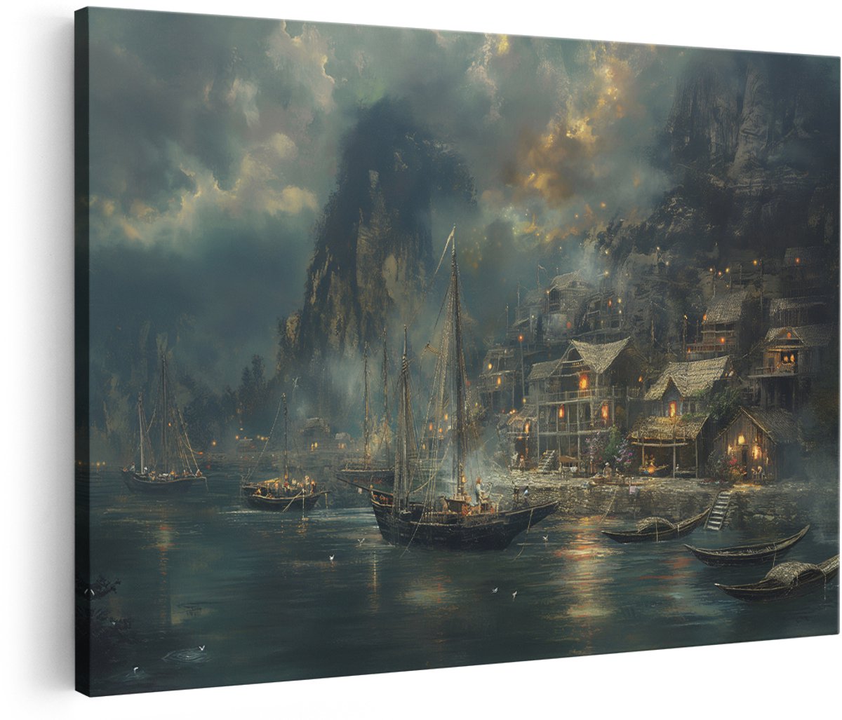 Artaza Canvas Schilderij Vissersdorp - 180x120 cm - Groot - Wanddecoratie Landschap - Muurdecoratie Bergen - Decoratie Boten - Schilderijen Op Canvas