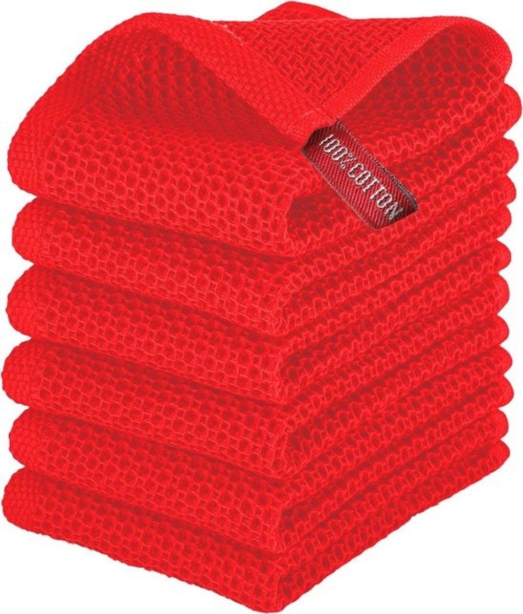 100% Turkse Katoenen Wafel Keukenhanddoeken 6-Pack - Superieur Absorberend & Snel Droogend - Multifunctioneel - 13x13 inch - Rood