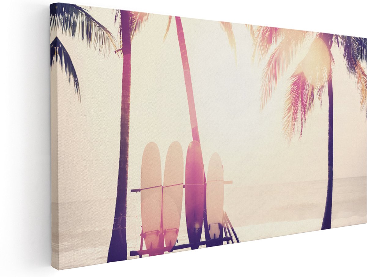 Artaza Canvas Schilderij Tropisch Strand Met Surfborden - 180x90 cm - Groot - Wanddecoratie Woonkamer - Schilderijen - Muurdecoratie