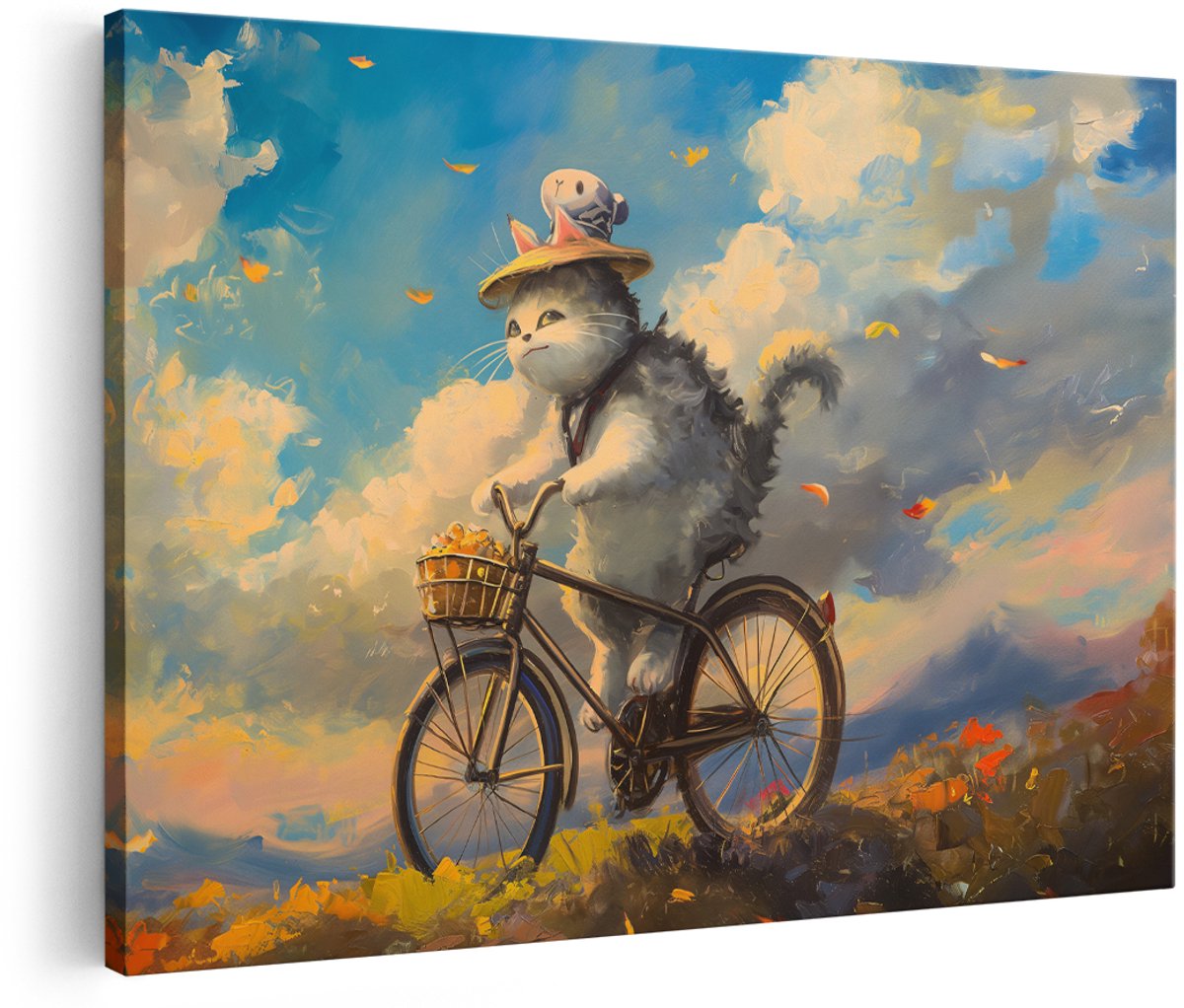 Artaza Canvas Schilderij Kat Op Fiets - 180x120 cm - Groot - Wanddecoratie Kinderkamer - Muurdecoratie Dieren - Schilderijen Op Canvas