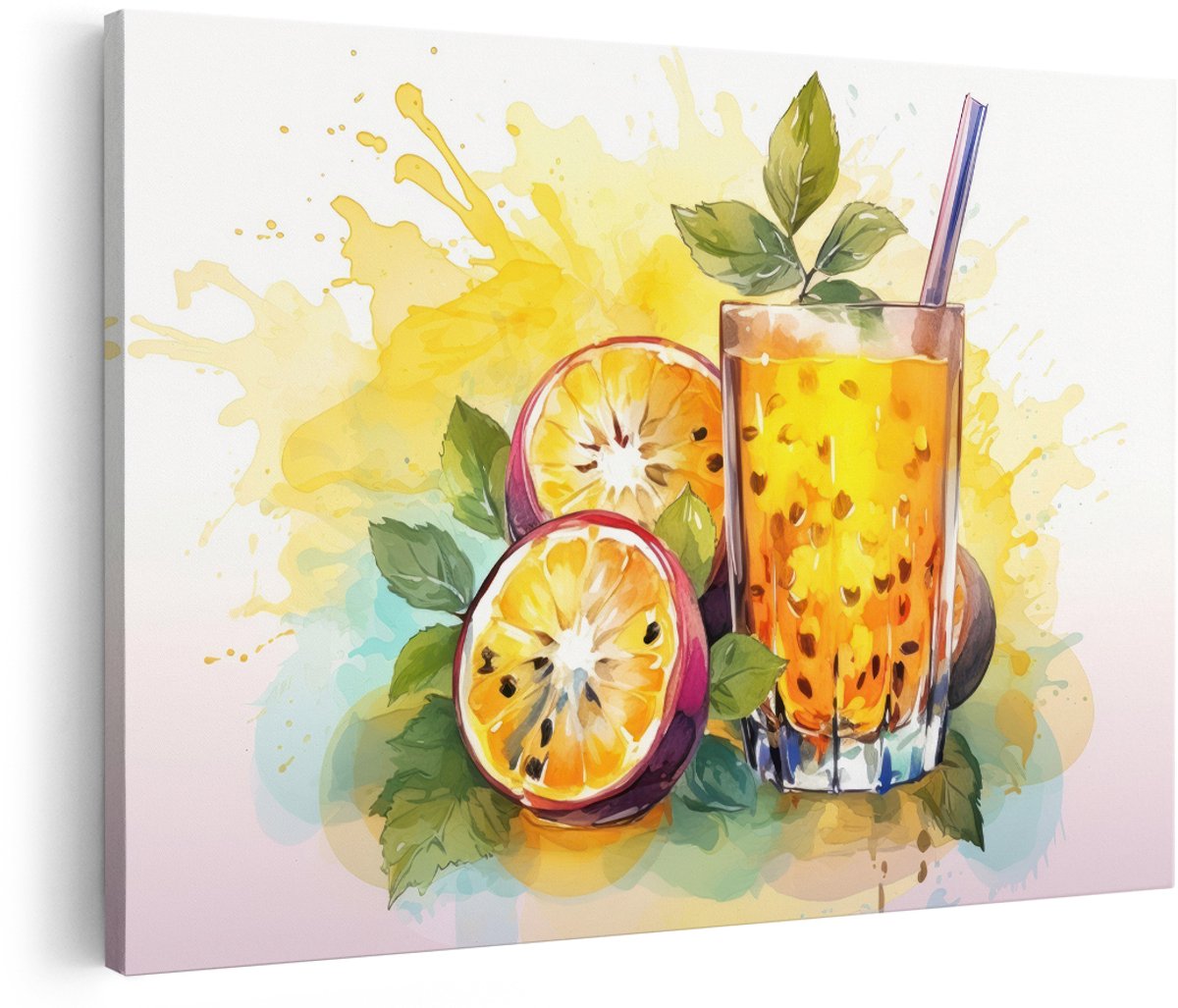 Artaza Canvas Schilderij Passievrucht - 180x120 cm - Groot - Wanddecoratie Keuken - Muurdecoratie Aquarel Fruit - Decoratie Vruchtensap