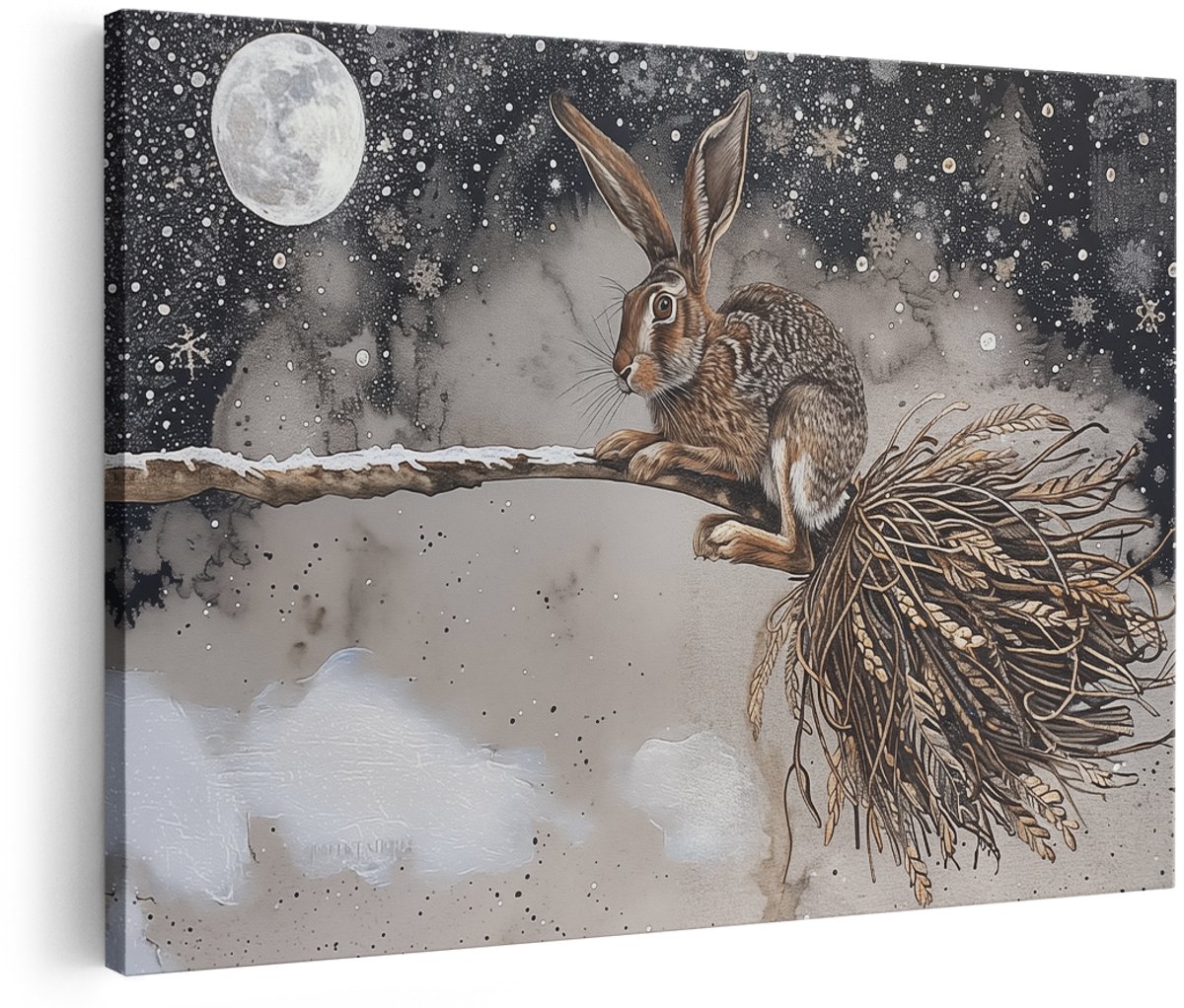 Artaza Canvas Schilderij Haas met een Bezem in de Sneeuw - Dieren - 180x120 cm - Groot - Wanddecoratie Woonkamer - Schilderijen - Muurdecoratie