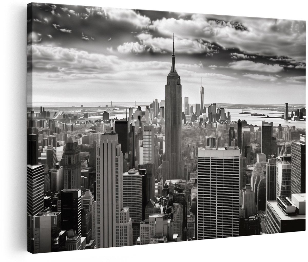 Artaza Canvas Schilderij Zwart Wit Skyline van New York - 180x120 cm - Groot - Wanddecoratie Woonkamer - Schilderijen - Muurdecoratie