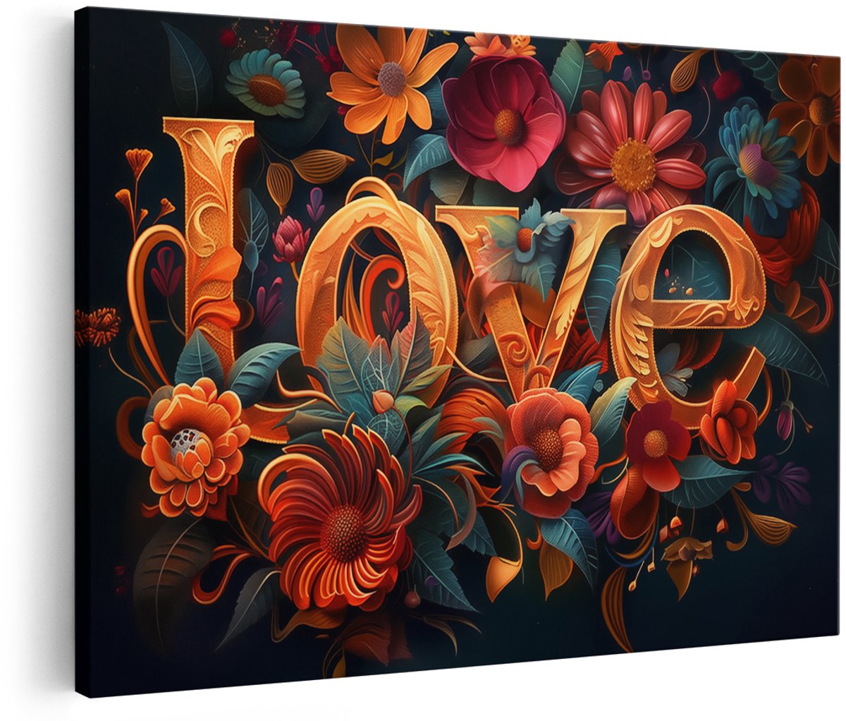 Artaza Canvas Schilderij Het Woord Liefde met Bloemen - 180x120 cm - Groot - Wanddecoratie Woonkamer - Schilderijen - Muurdecoratie