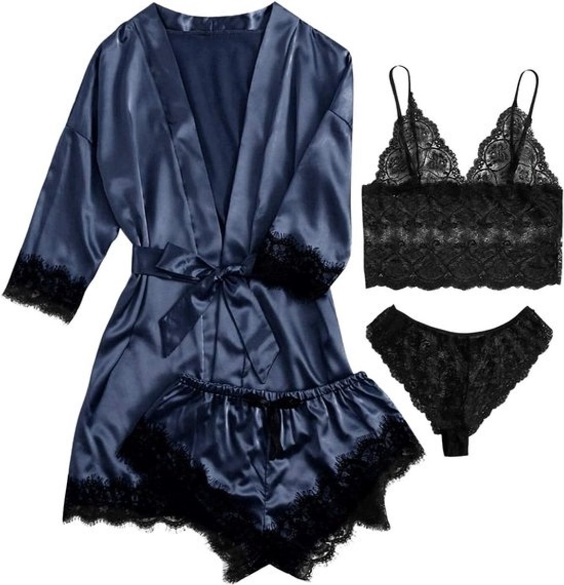 Luxe 4-delige Satijnen Lingerieset Dames: Cami Top, Ondergoed en Bloemen-Kanten Babydoll Nachtjapon met Robe