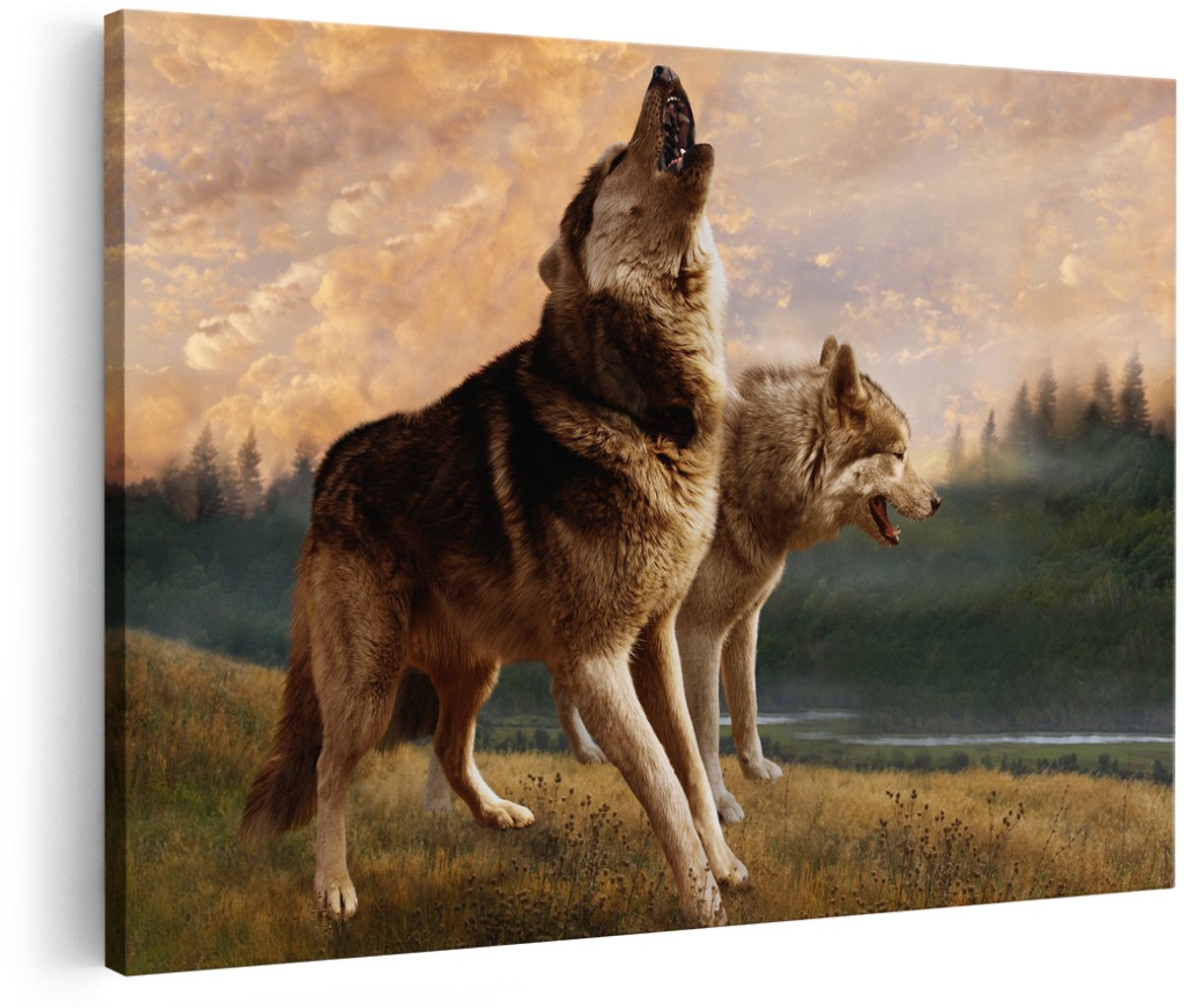 Artaza Canvas Schilderij Twee Wolven Op Het Gras - 180x120 cm - Groot - Foto Op Canvas - Wanddecoratie Woonkamer