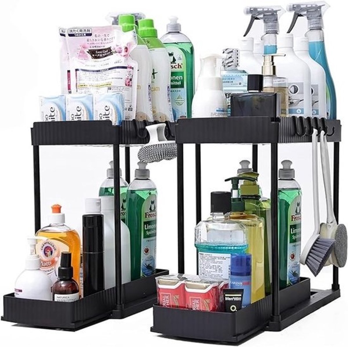 Uittrekbare onderkast organizer met manden en haken - set van 2 - zwart