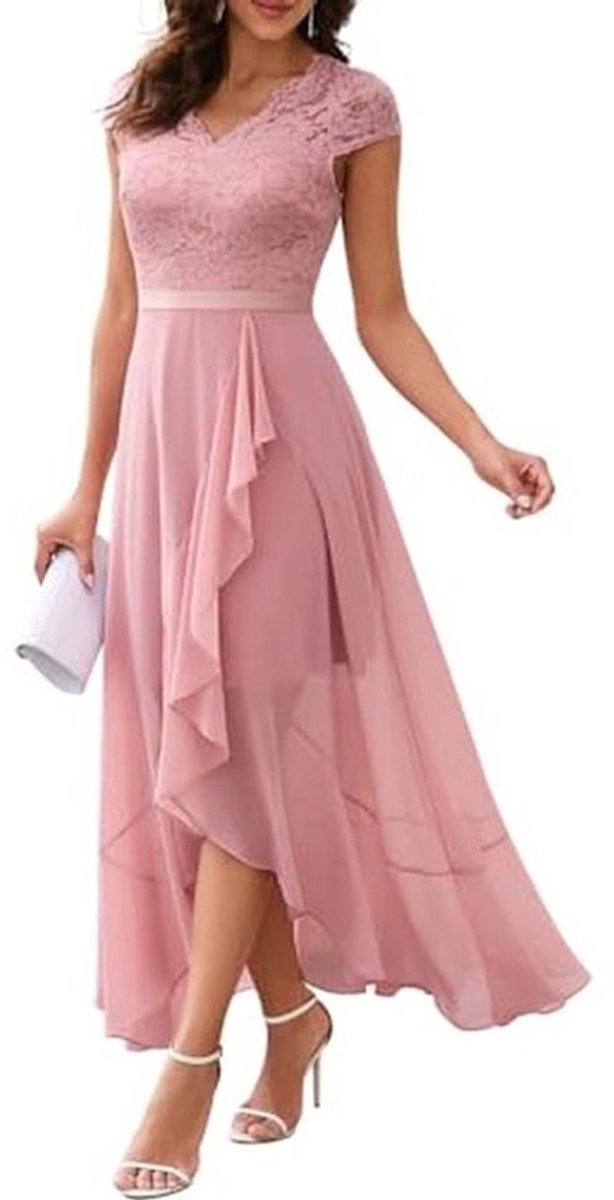 Elegante V-hals Avondjurk met Kant en Chiffon voor Feest en Bruiloft