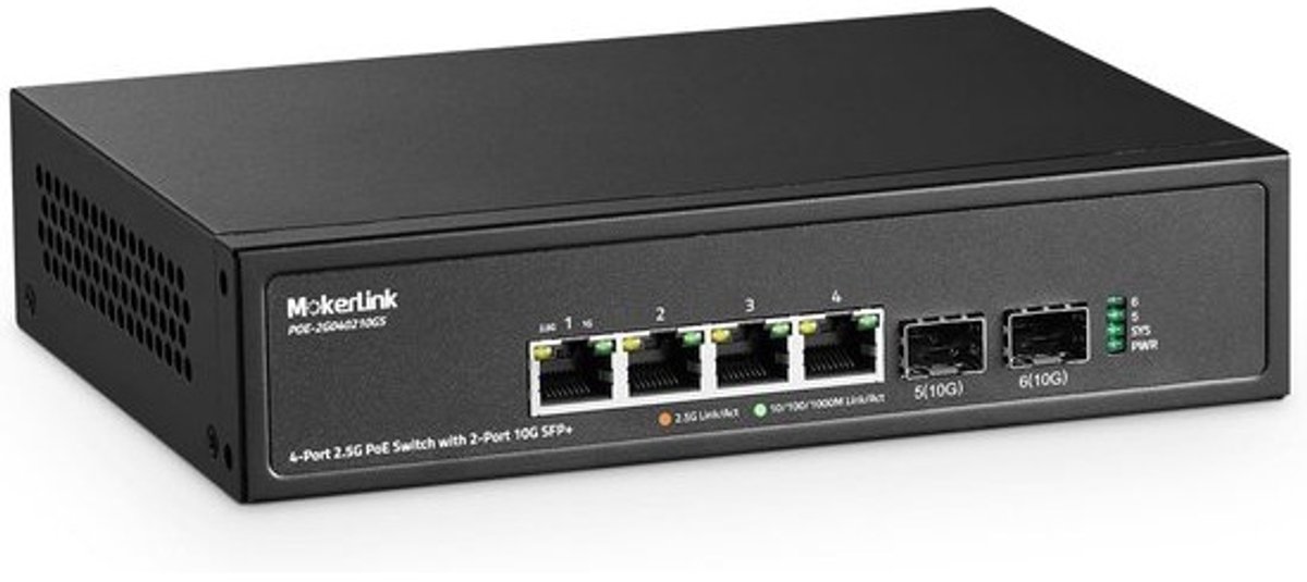4-poorts 2.5G PoE Switch met 10G SFP+ slot en verstelbare snelheid tot 1000Mbps