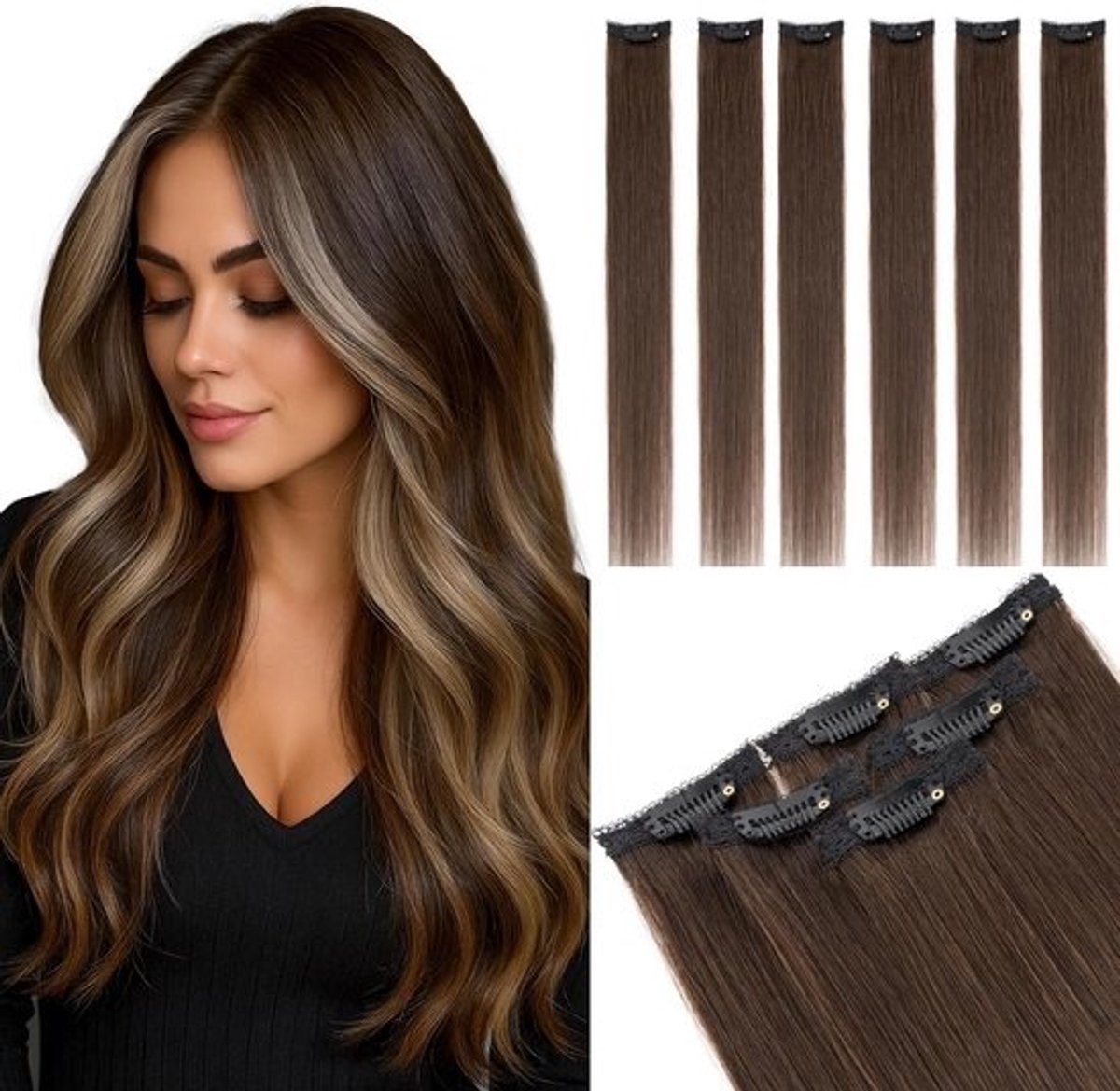 Clip-in Haarverlenging Echt Haar 6 Delen - 25 cm - Direct Volume en Highlights