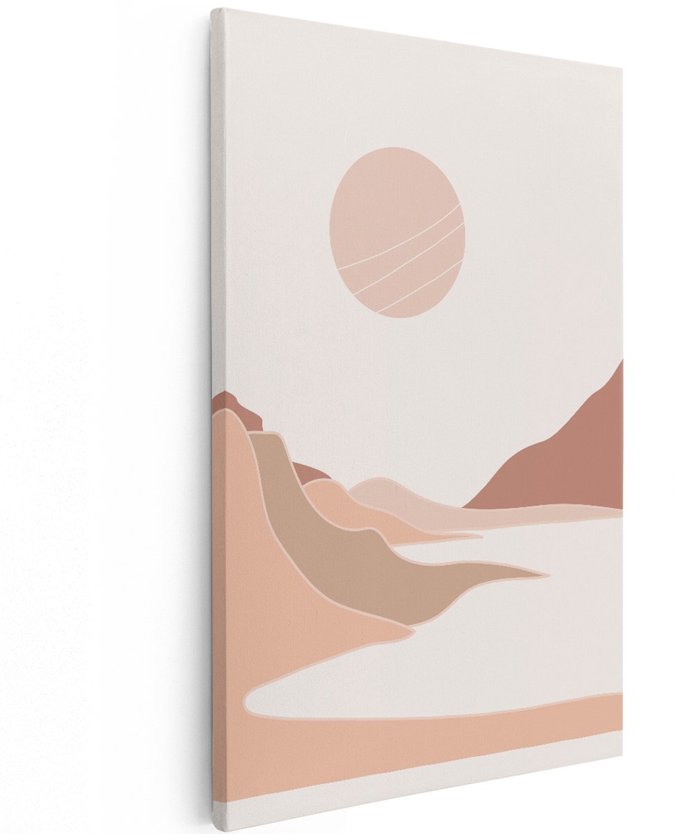Artaza Canvas Schilderij Abstract Landschap - 120x180 cm - Groot - Wanddecoratie Boho - Muurdecoratie Japandi Zon - Decoratie Heuvels Aardtinten