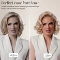 Vergelijking van kort blond haar: links 'Before', rechts 'After' met volume en slag.