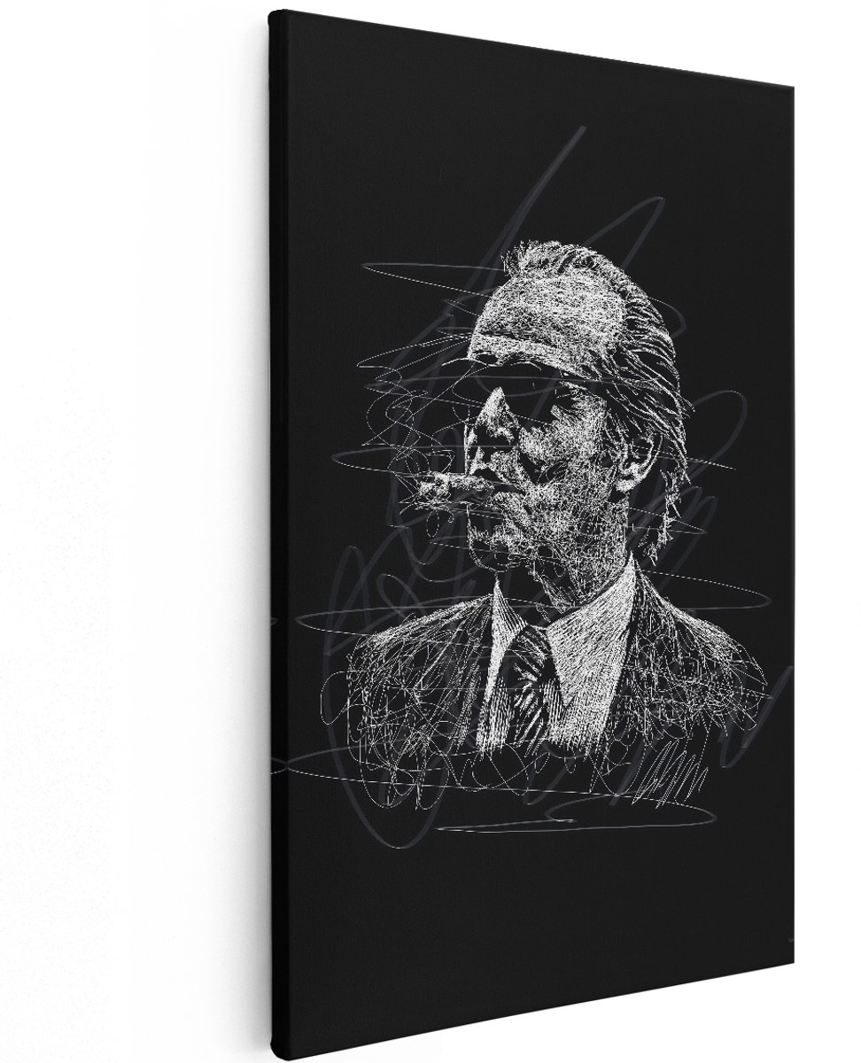Artaza Canvas Schilderij Man Met Sigaar - 120x180 cm - Groot - Wanddecoratie Zwart Wit - Muurdecoratie Portret - Decoratie Schetsstijl