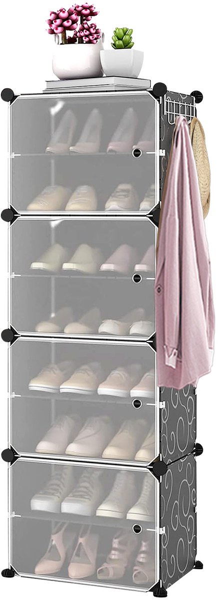 PIPIPOXER Schoenenkast voor 16 Paar - Modulaire Schoenenkast - Schoenenrek opbergdoos DIY- Schoenenorganizer - 8 Vakken - 42 x 31 x 123 cm - Geschikt voor Laarzen - Zwart