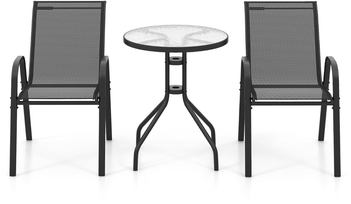 SureDeal® - Tuinset - Stuks Buiten Bistroset - Stapelbare Stoelen Zitset - Tafelblad Gehard Glas - 60x60x70 cm - Donkerbruin