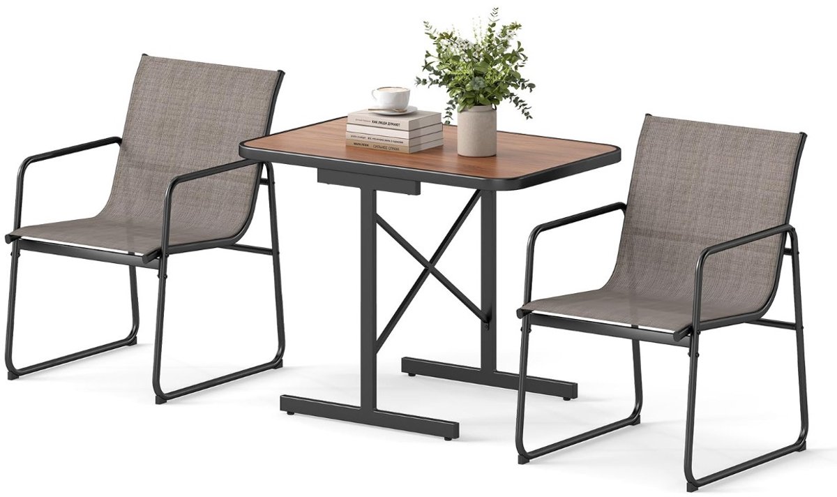SureDeal® - Tuinset - Patio Bistro 3-delige - Rechthoekige Eettafel - Stoffen Fauteuils Zwart - Bruin - 60x54x83 cm - Koffiebruin