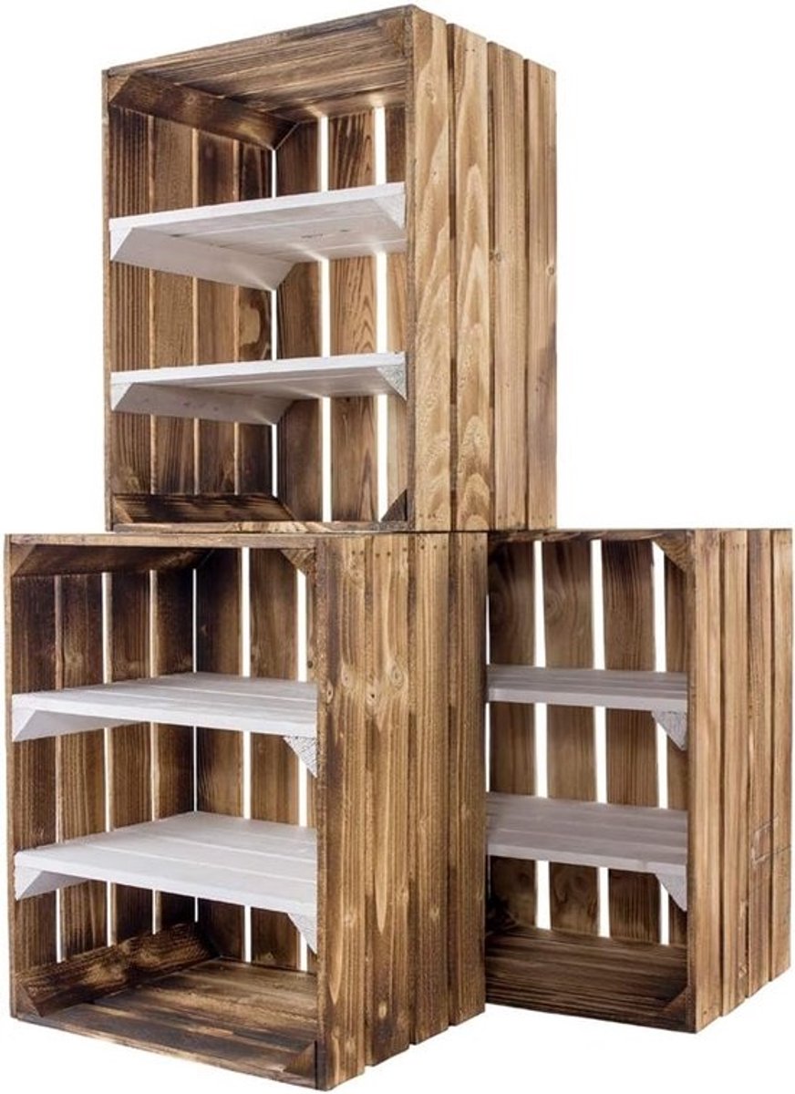 Set van 3 Houten Opbergkisten Gevlamd met Middenplanken - Ideaal als Fruitkist, Schoenenrek of Boekenkast