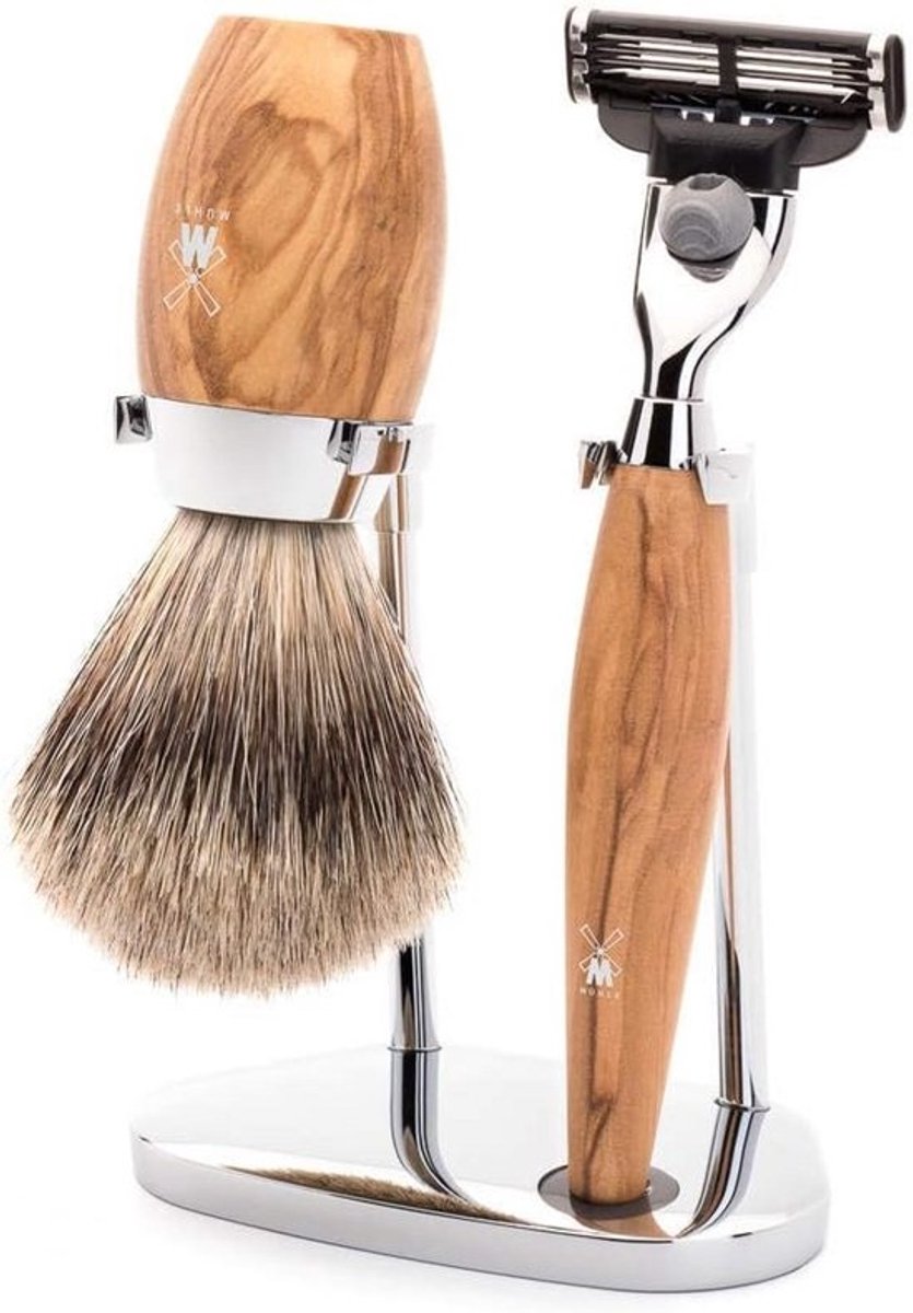 Scheerset Scheerkwast, Veiligheidsscheermes en Houder - Luxe Hout en Hars